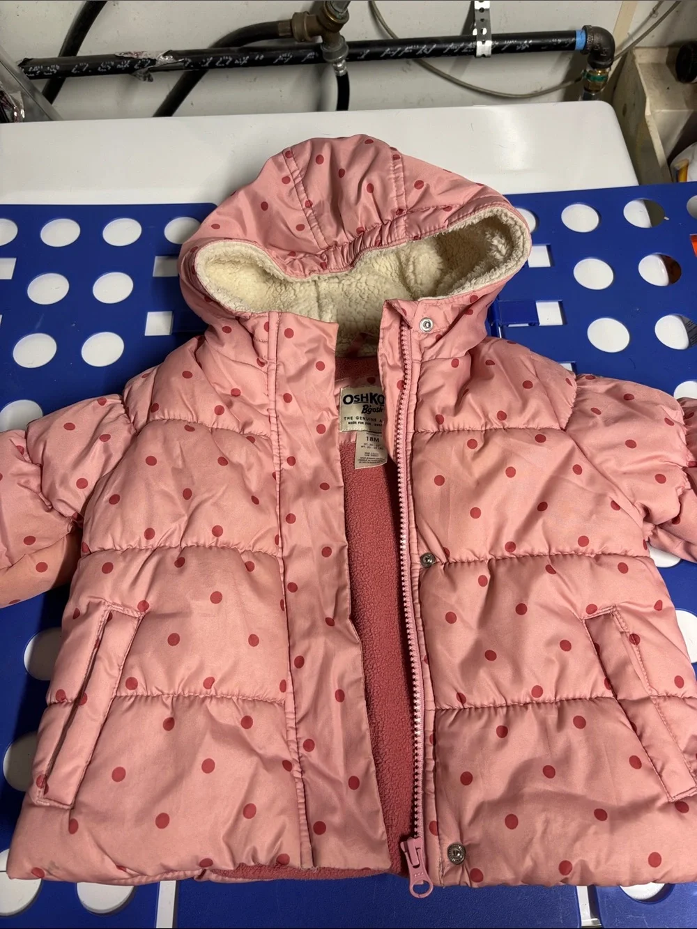 OshKosh B'gosh Pink Polka Dot Puffer Jacket with Sherpa Hood